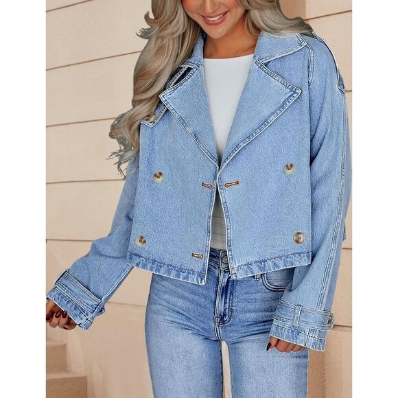Women’s Light Blue Cropped Denim Trench Jacket Double Breasted Lightweight - Picture 4 of 6